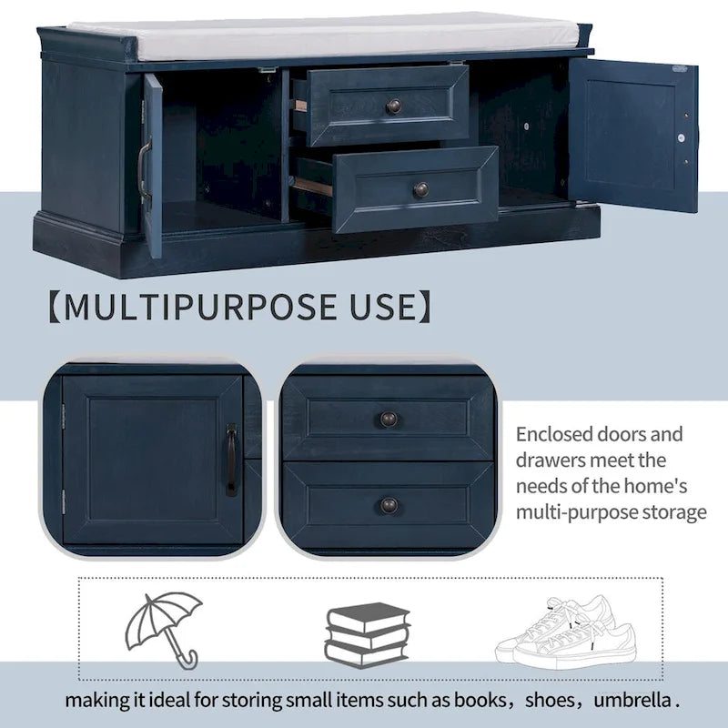 Entryway Storage Bench 2 Cabinet Doors 2 Drawers Removable Velvet Cushion Raised Panel Vintage