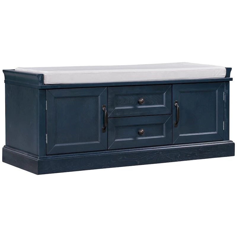 Entryway Storage Bench 2 Cabinet Doors 2 Drawers Removable Velvet Cushion Raised Panel Vintage