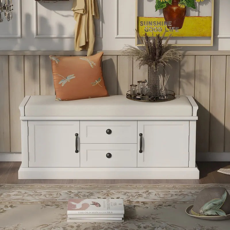 Entryway Storage Bench 2 Cabinet Doors 2 Drawers Removable Velvet Cushion Raised Panel Vintage