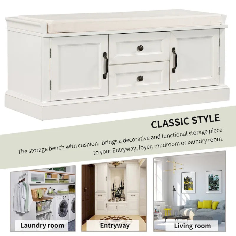 Entryway Storage Bench 2 Cabinet Doors 2 Drawers Removable Velvet Cushion Raised Panel Vintage