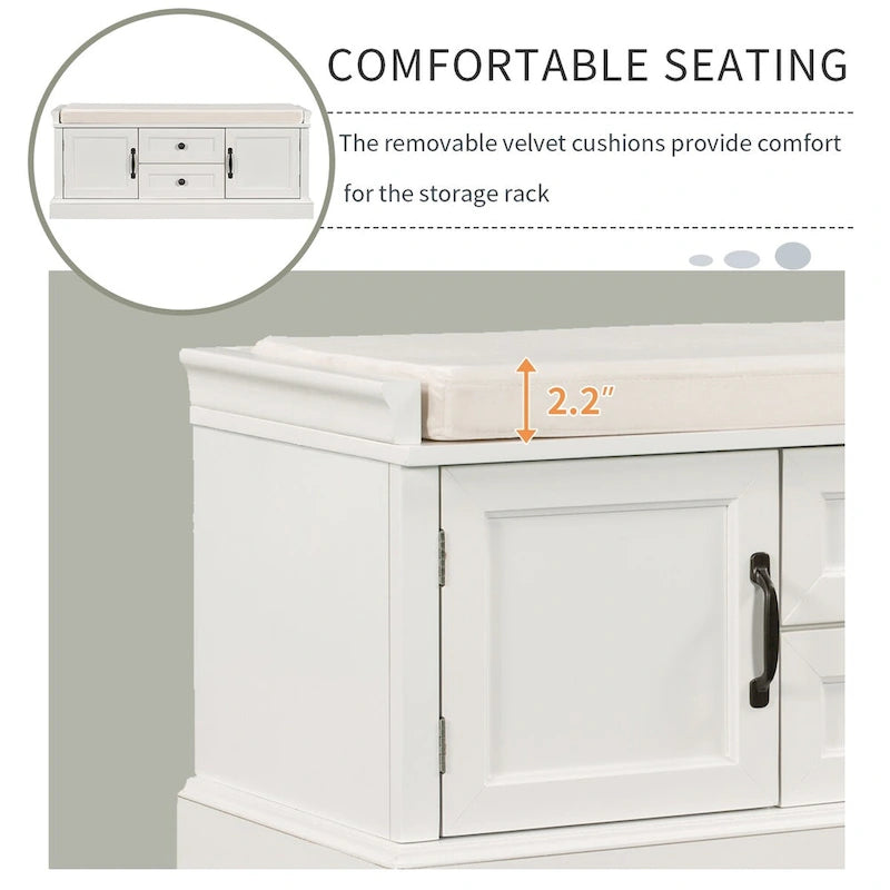 Entryway Storage Bench 2 Cabinet Doors 2 Drawers Removable Velvet Cushion Raised Panel Vintage