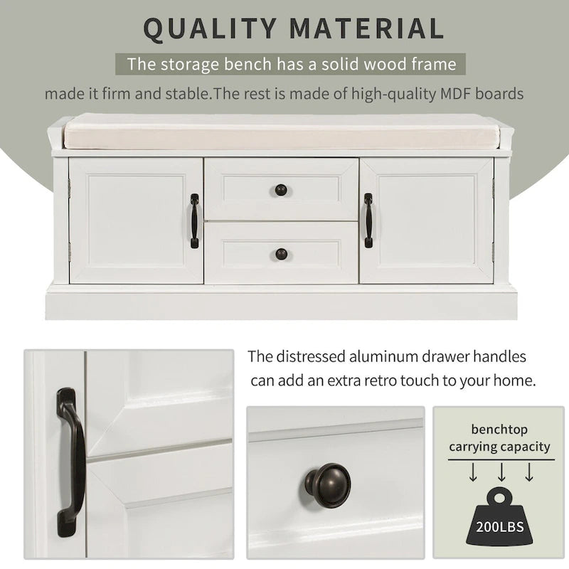 Entryway Storage Bench 2 Cabinet Doors 2 Drawers Removable Velvet Cushion Raised Panel Vintage
