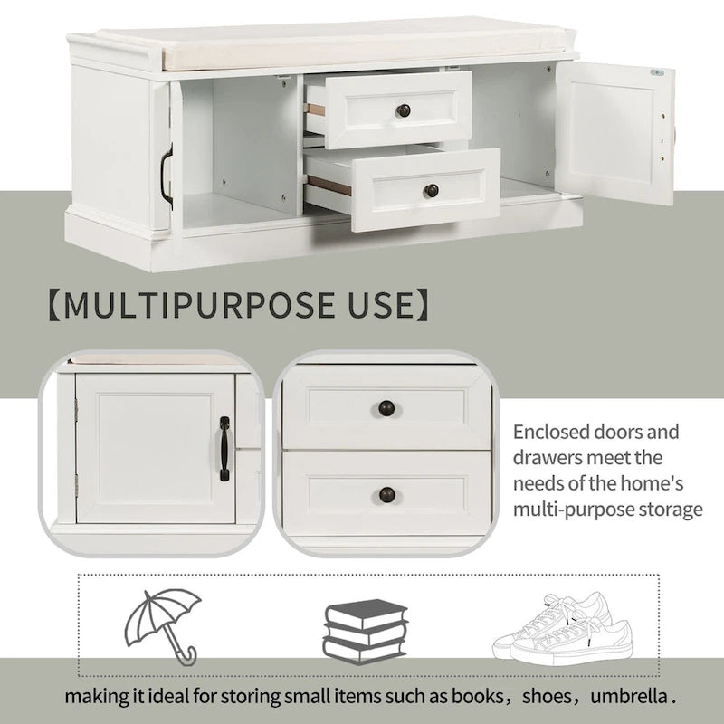 Entryway Storage Bench 2 Cabinet Doors 2 Drawers Removable Velvet Cushion Raised Panel Vintage