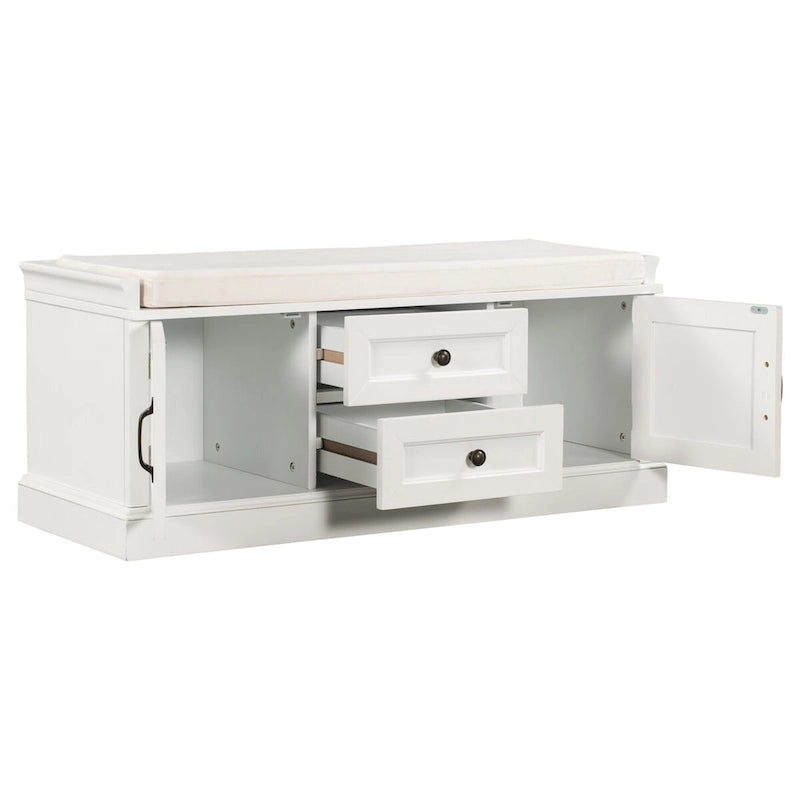 Entryway Storage Bench 2 Cabinet Doors 2 Drawers Removable Velvet Cushion Raised Panel Vintage