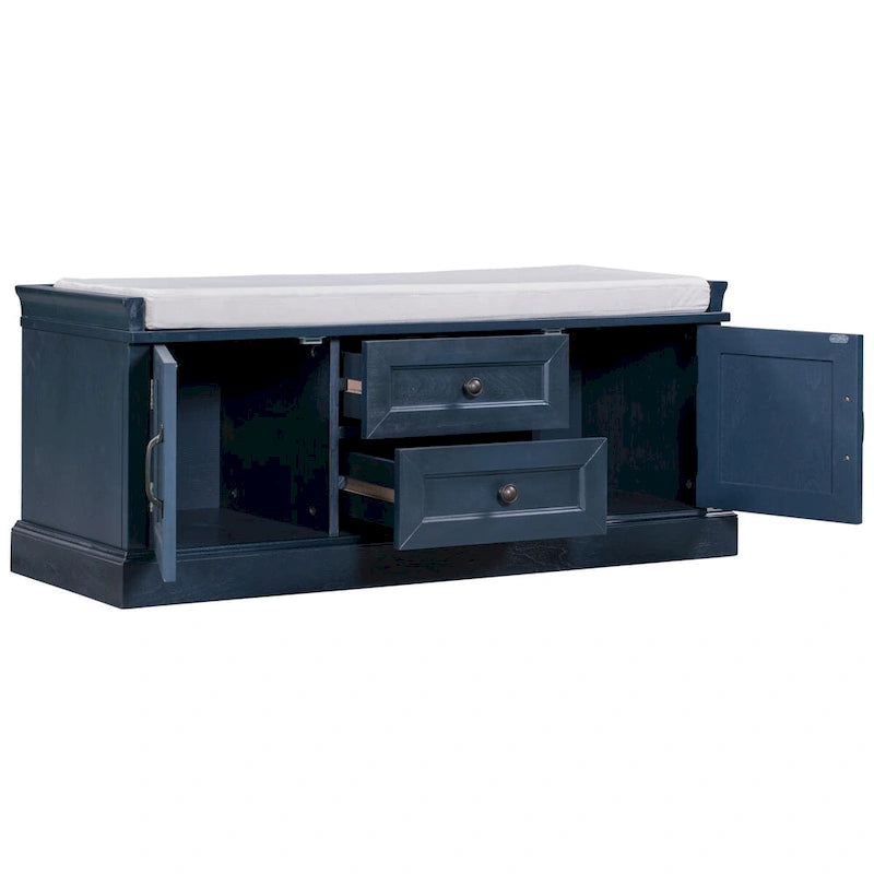 Entryway Storage Bench 2 Cabinet Doors 2 Drawers Removable Velvet Cushion Raised Panel Vintage