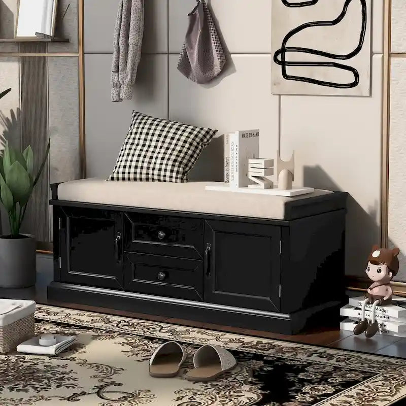 Entryway Storage Bench 2 Cabinet Doors 2 Drawers Removable Velvet Cushion Raised Panel Vintage