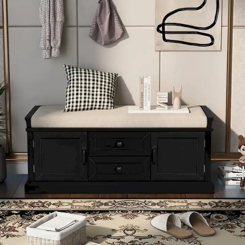 Entryway Storage Bench 2 Cabinet Doors 2 Drawers Removable Velvet Cushion Raised Panel Vintage