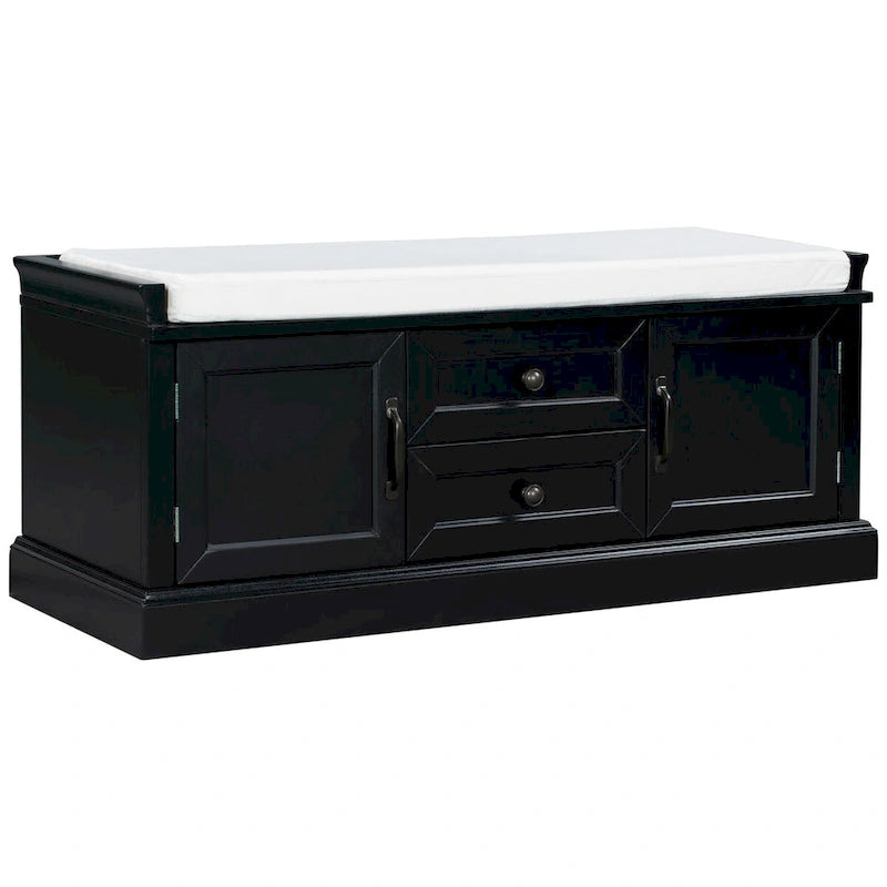 Entryway Storage Bench 2 Cabinet Doors 2 Drawers Removable Velvet Cushion Raised Panel Vintage