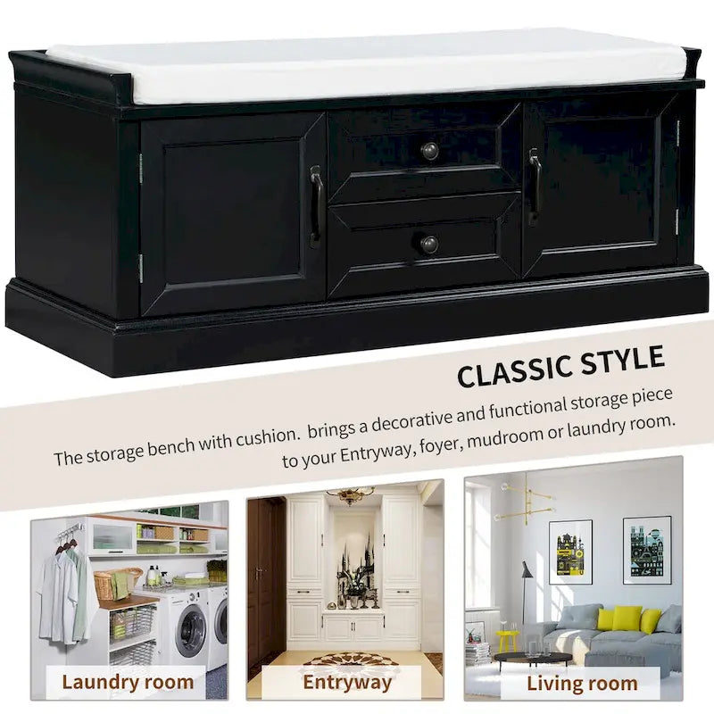 Entryway Storage Bench 2 Cabinet Doors 2 Drawers Removable Velvet Cushion Raised Panel Vintage