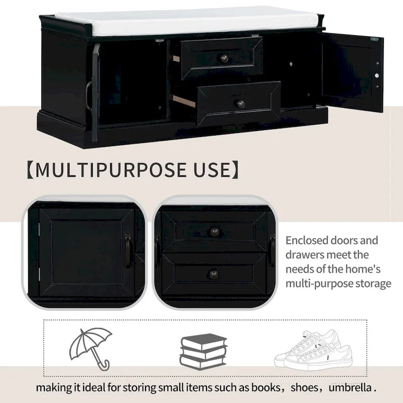 Entryway Storage Bench 2 Cabinet Doors 2 Drawers Removable Velvet Cushion Raised Panel Vintage