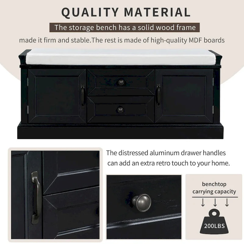 Entryway Storage Bench 2 Cabinet Doors 2 Drawers Removable Velvet Cushion Raised Panel Vintage