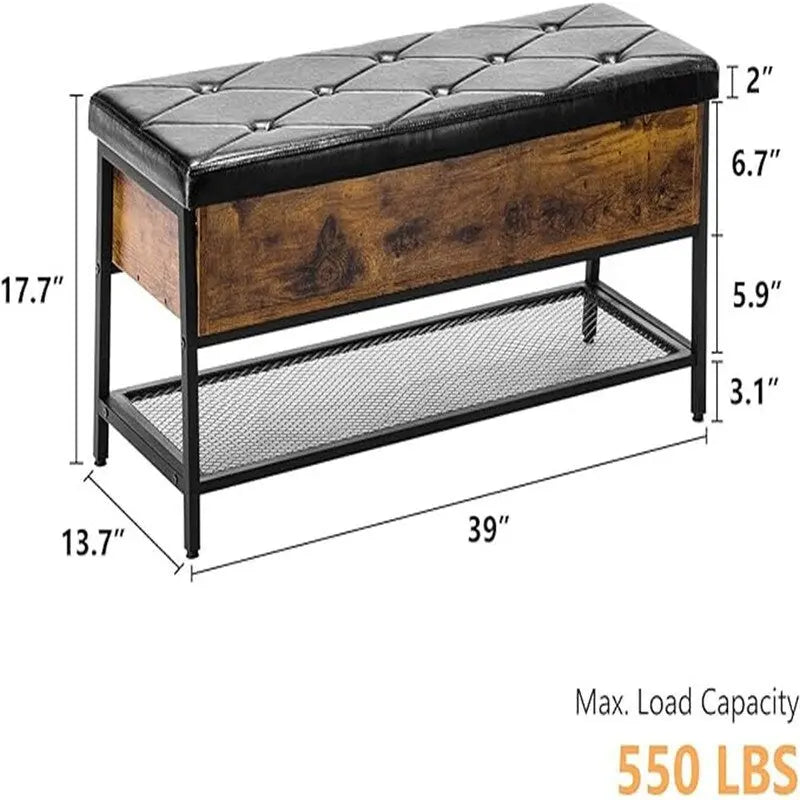 Industrial Storage Bench PU Leather Flip-Top Diamond Tufted Rustic Wood Panel Metal Shoe Shelf