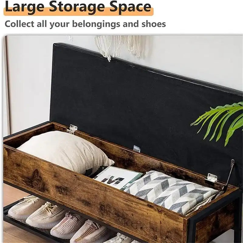 Industrial Storage Bench PU Leather Flip-Top Diamond Tufted Rustic Wood Panel Metal Shoe Shelf