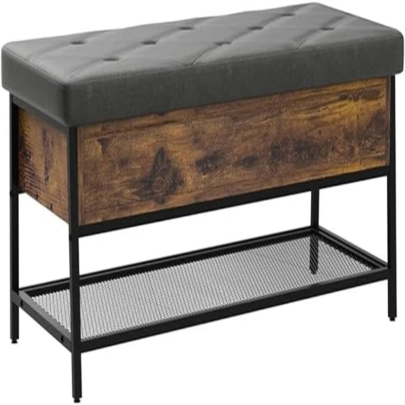 Industrial Storage Bench PU Leather Flip-Top Diamond Tufted Rustic Wood Panel Metal Shoe Shelf