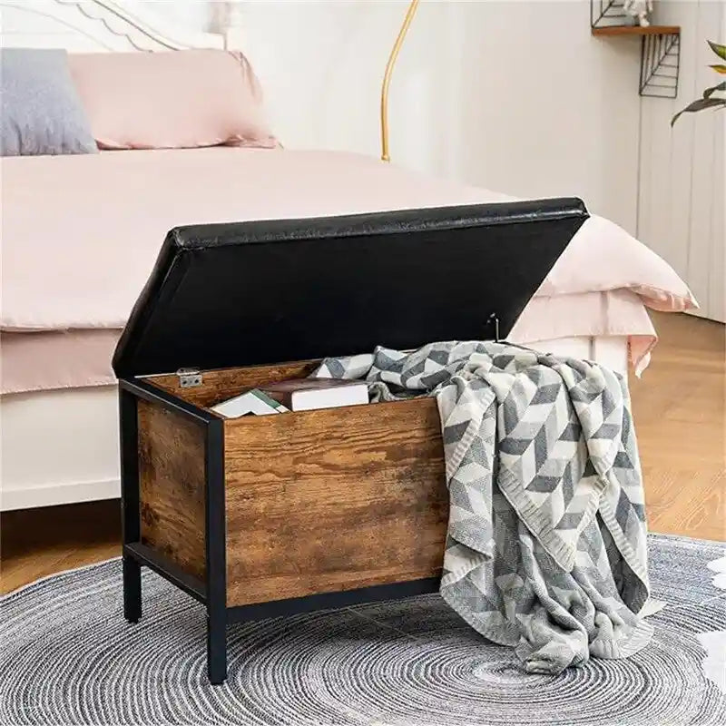 Industrial Storage Bench PU Leather Flip-Top Diamond Tufted Rustic Wood Panel Metal Shoe Shelf
