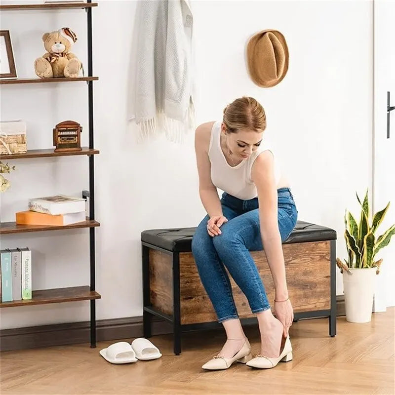 Industrial Storage Bench PU Leather Flip-Top Diamond Tufted Rustic Wood Panel Metal Shoe Shelf