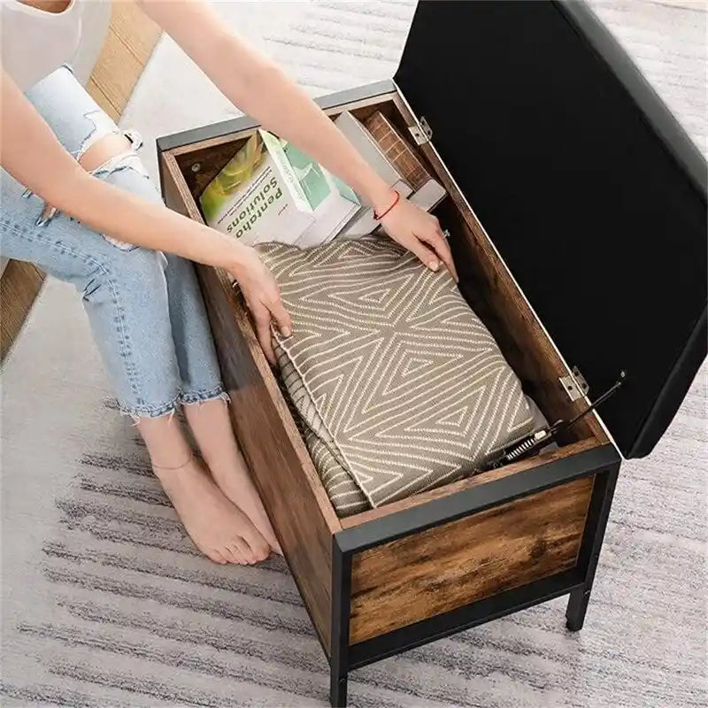 Industrial Storage Bench PU Leather Flip-Top Diamond Tufted Rustic Wood Panel Metal Shoe Shelf