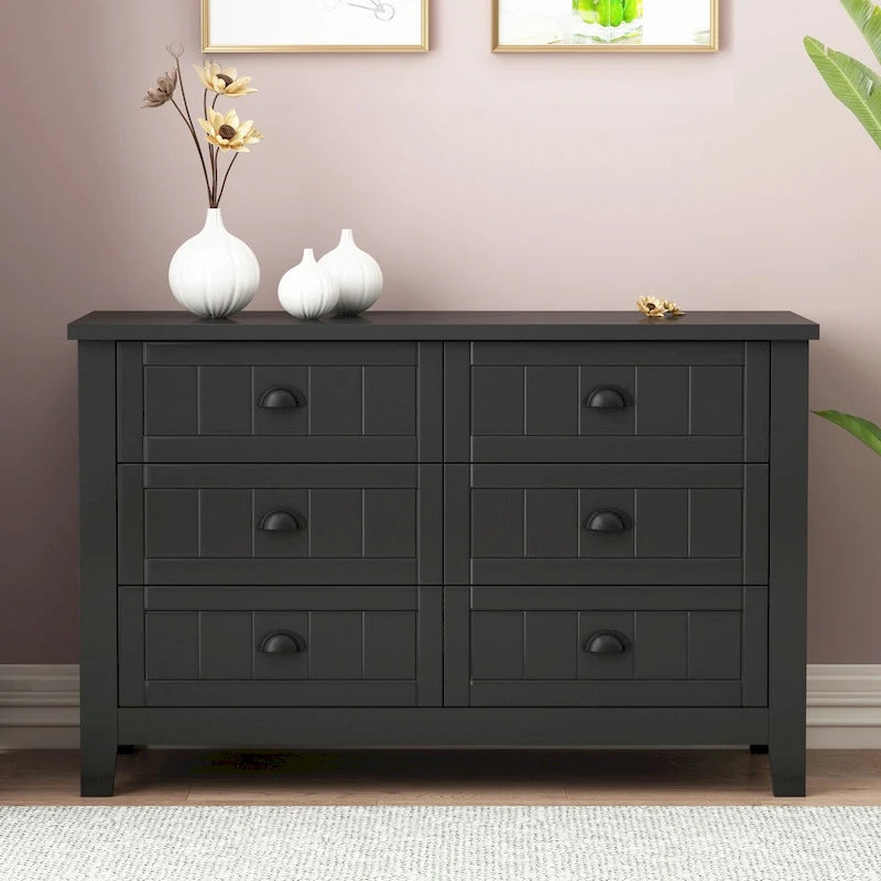 6 Drawer Double Dresser Beadboard Panel Cup Pull Handles Birch Frame Anti-Tip Farmhouse