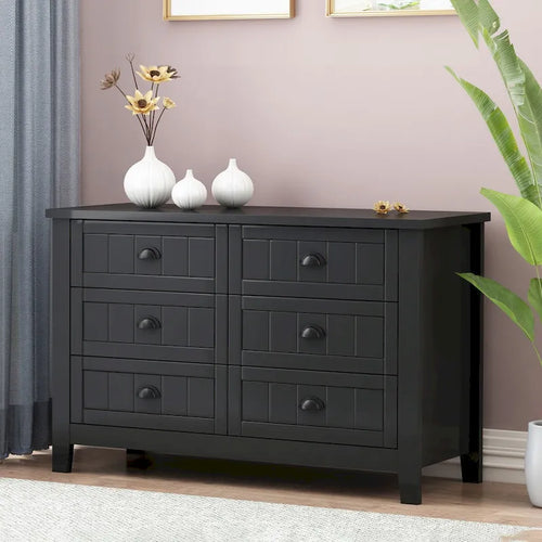 6 Drawer Double Dresser Beadboard Panel Cup Pull Handles Birch Frame Anti-Tip Farmhouse