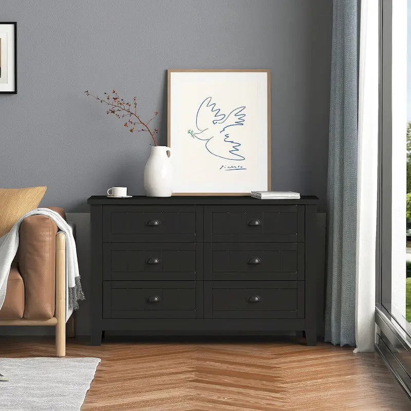 6 Drawer Double Dresser Beadboard Panel Cup Pull Handles Birch Frame Anti-Tip Farmhouse