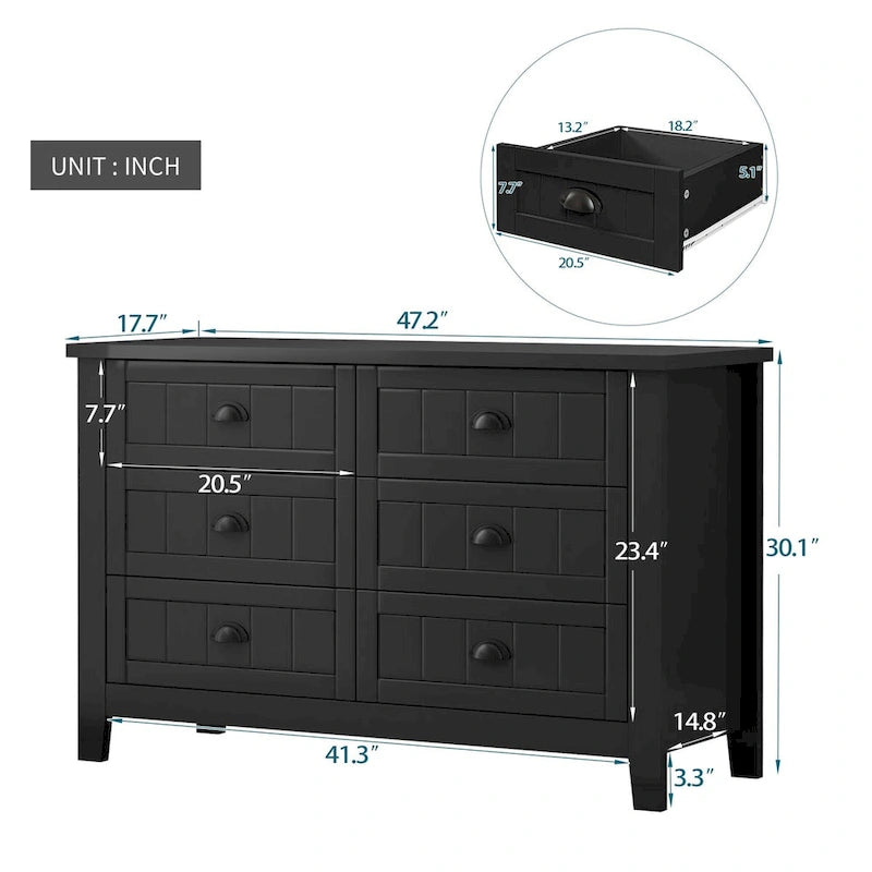 6 Drawer Double Dresser Beadboard Panel Cup Pull Handles Birch Frame Anti-Tip Farmhouse