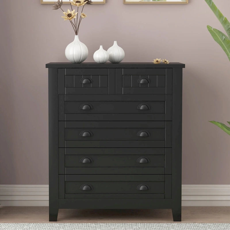 6 Drawer Double Dresser Beadboard Panel Cup Pull Handles Birch Frame Anti-Tip Farmhouse
