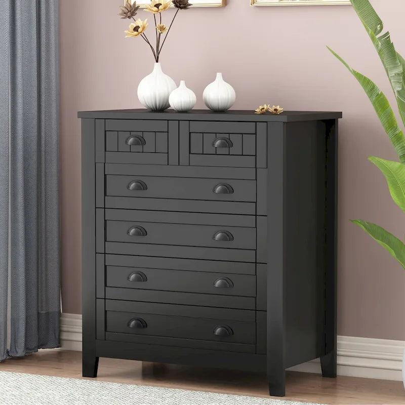 6 Drawer Double Dresser Beadboard Panel Cup Pull Handles Birch Frame Anti-Tip Farmhouse