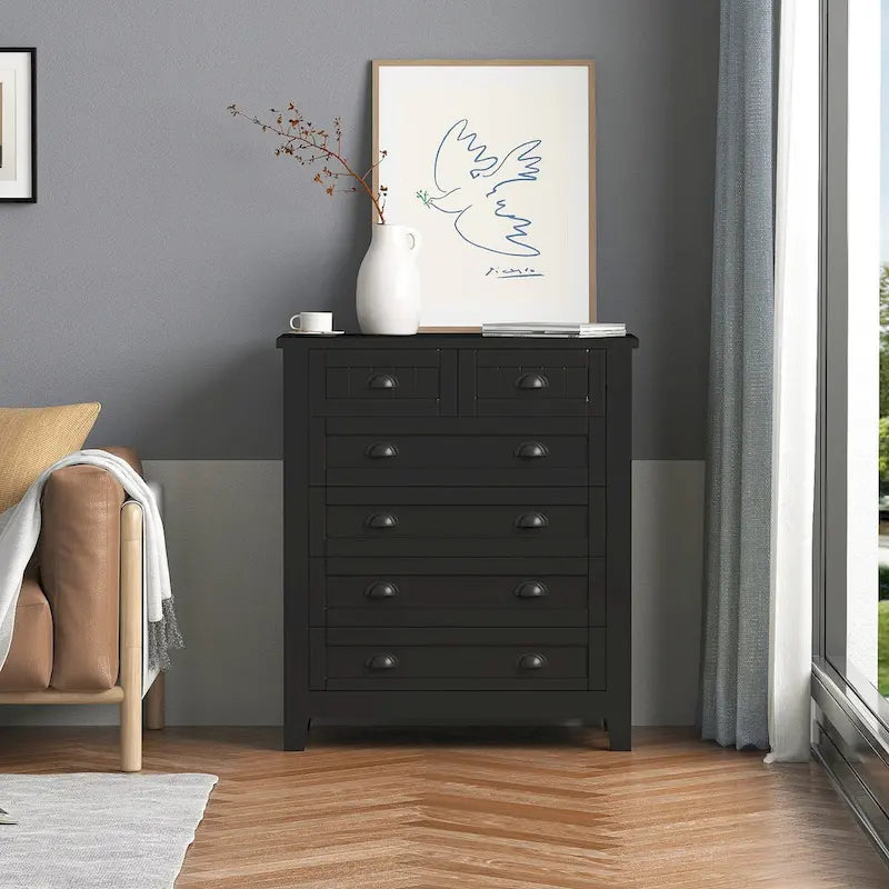6 Drawer Double Dresser Beadboard Panel Cup Pull Handles Birch Frame Anti-Tip Farmhouse