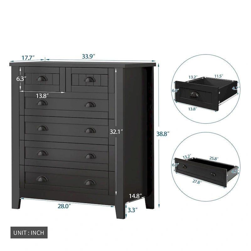 6 Drawer Double Dresser Beadboard Panel Cup Pull Handles Birch Frame Anti-Tip Farmhouse
