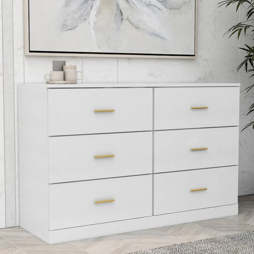 Antique White 6 Drawer Double Dresser Gold Handles Waterproof Particle Board Bedroom