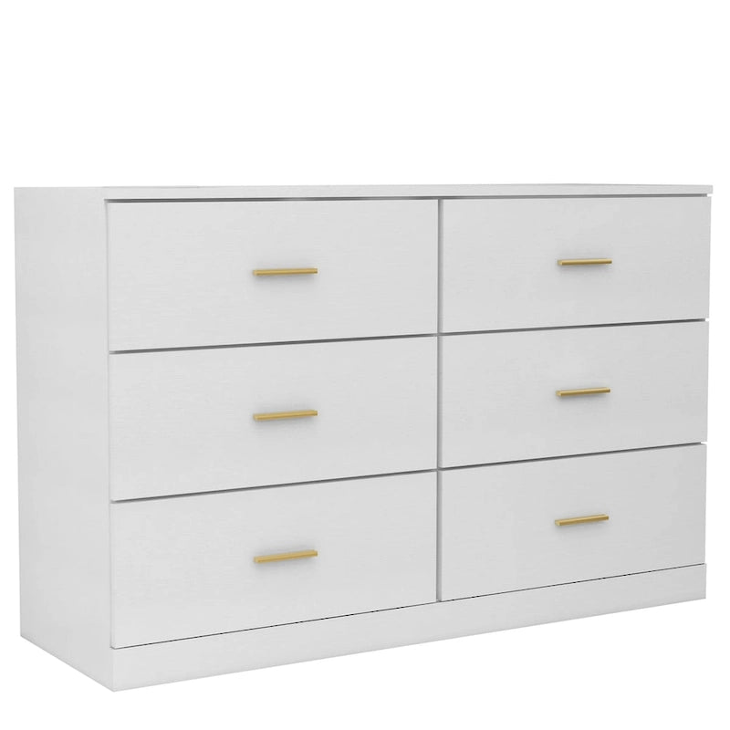 Antique White 6 Drawer Double Dresser Gold Handles Waterproof Particle Board Bedroom