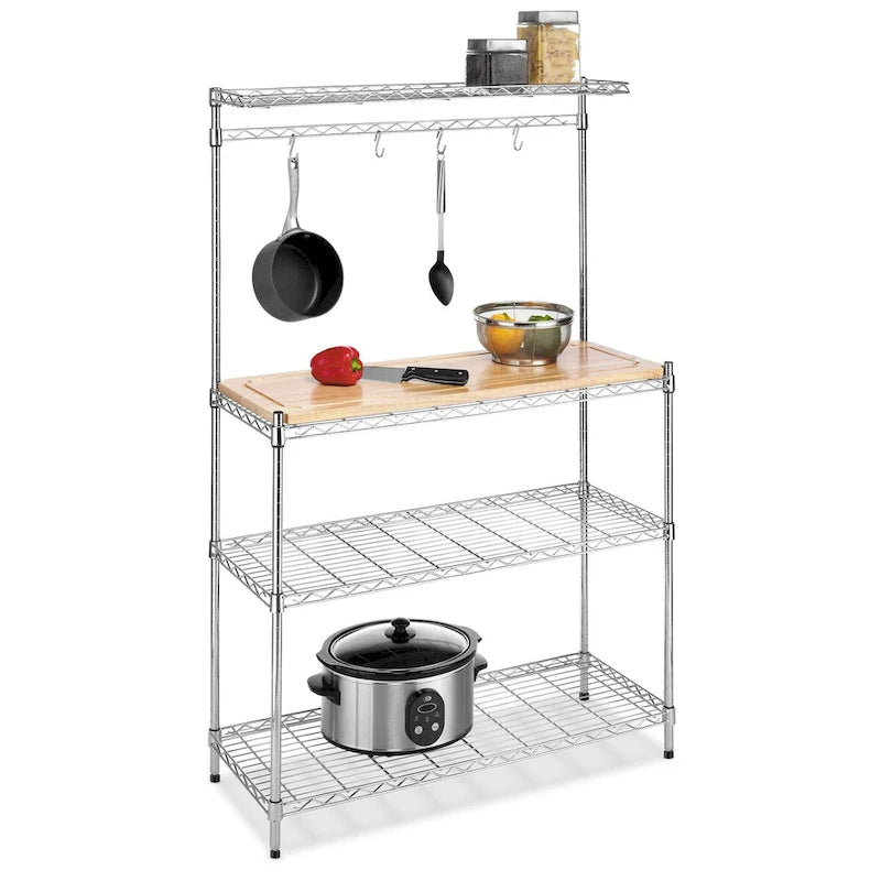 Chrome Baker's Rack 4 Tier Adjustable Wire Shelves Removable Wood Cutting Board 4 Pot Hooks