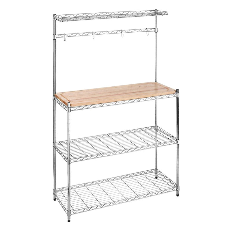 Chrome Baker's Rack 4 Tier Adjustable Wire Shelves Removable Wood Cutting Board 4 Pot Hooks