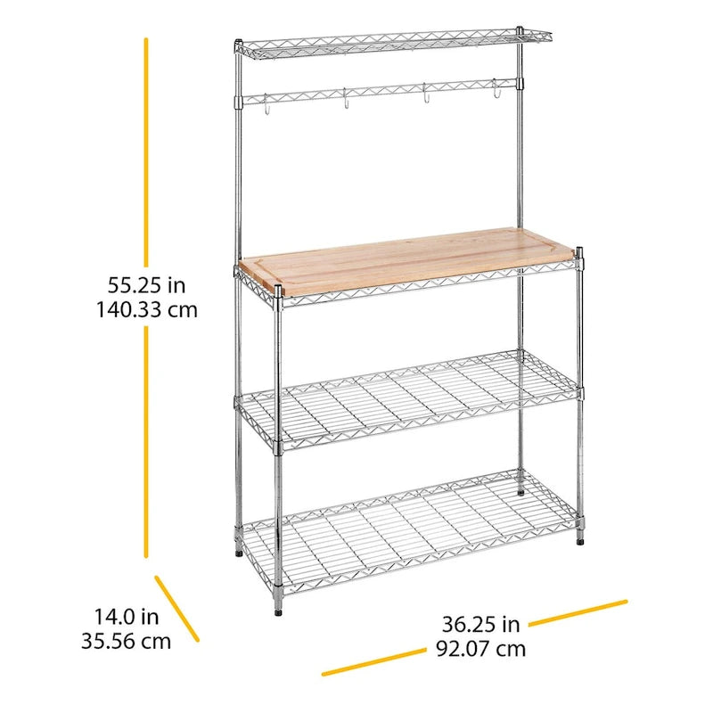 Chrome Baker's Rack 4 Tier Adjustable Wire Shelves Removable Wood Cutting Board 4 Pot Hooks
