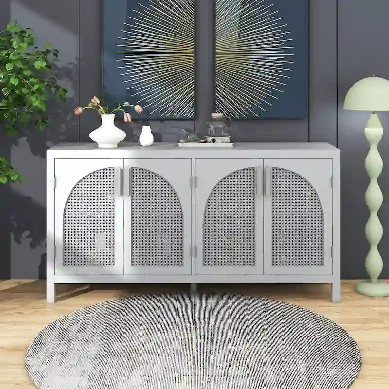 Boho Sideboard Cabinet 4 Arch Rattan Doors Adjustable Shelves Wood Legs Metal Handles