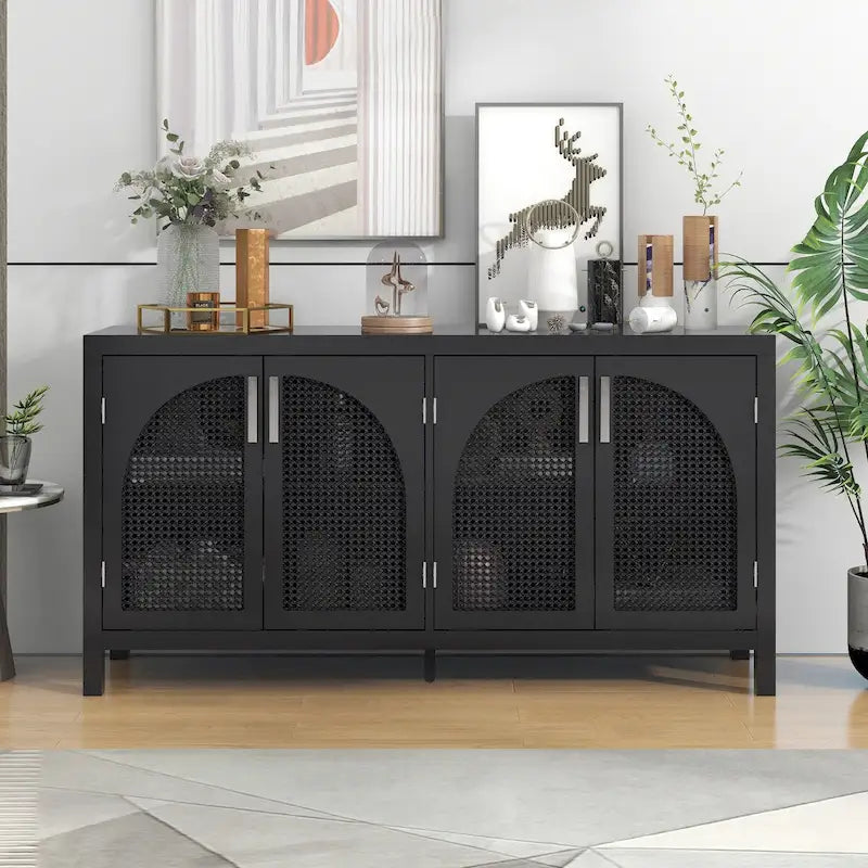 Boho Sideboard Cabinet 4 Arch Rattan Doors Adjustable Shelves Wood Legs Metal Handles