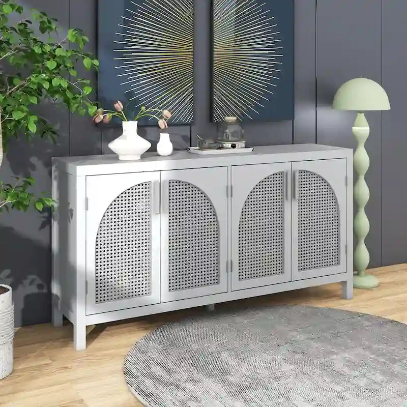 Boho Sideboard Cabinet 4 Arch Rattan Doors Adjustable Shelves Wood Legs Metal Handles