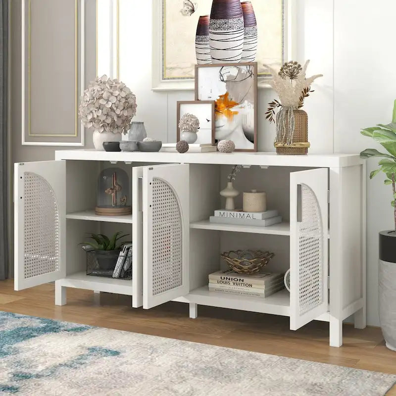 Boho Sideboard Cabinet 4 Arch Rattan Doors Adjustable Shelves Wood Legs Metal Handles