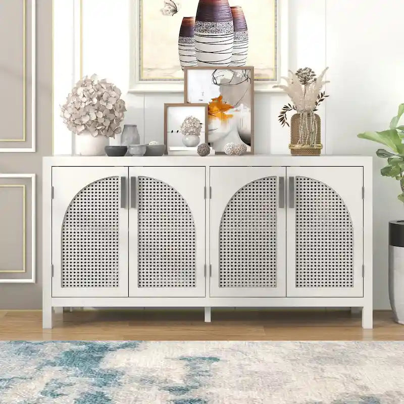 Boho Sideboard Cabinet 4 Arch Rattan Doors Adjustable Shelves Wood Legs Metal Handles