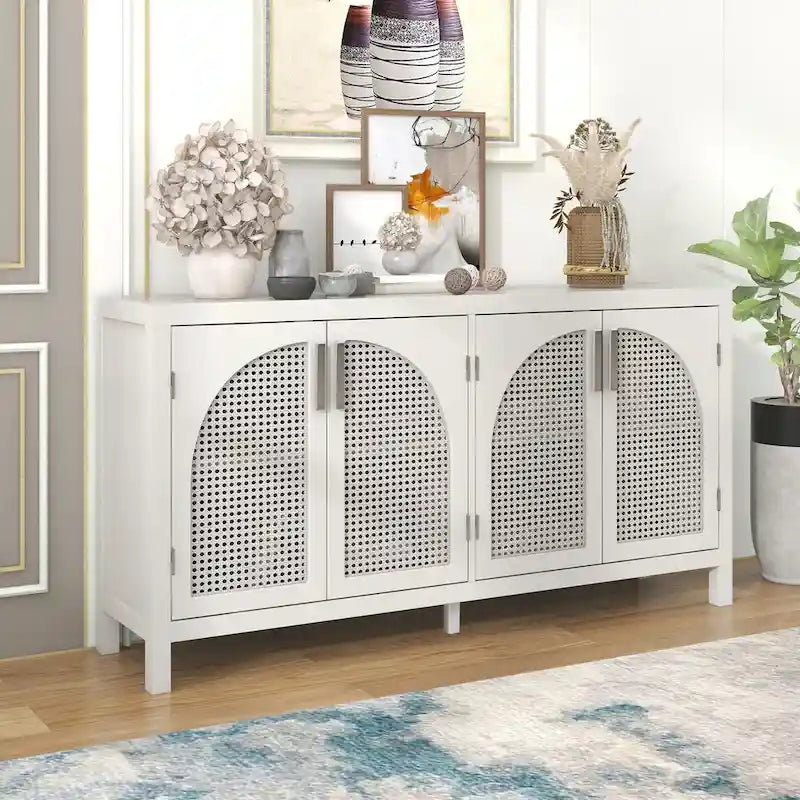 Boho Sideboard Cabinet 4 Arch Rattan Doors Adjustable Shelves Wood Legs Metal Handles