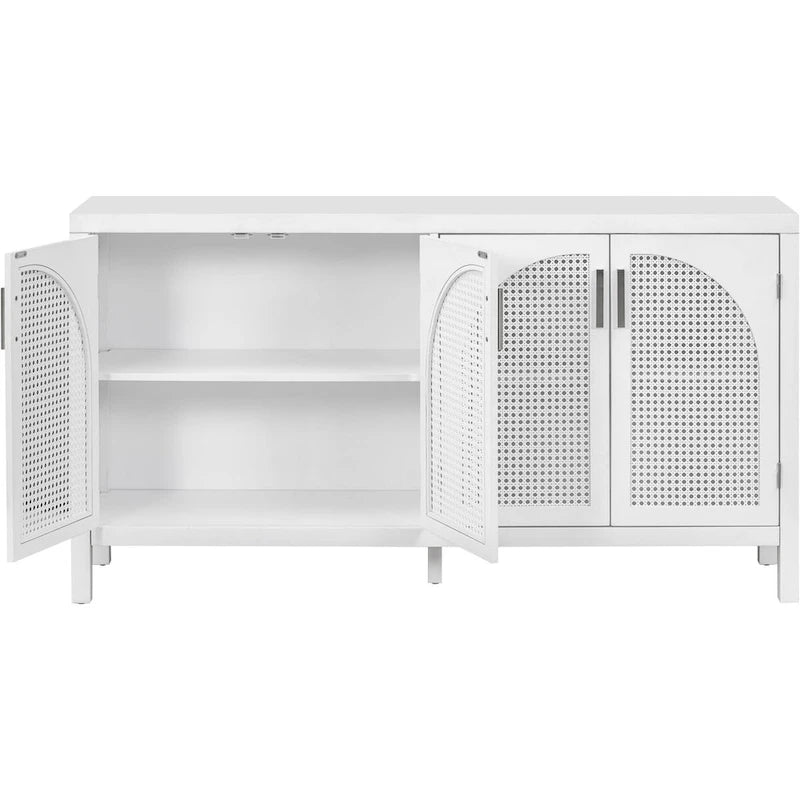 Boho Sideboard Cabinet 4 Arch Rattan Doors Adjustable Shelves Wood Legs Metal Handles