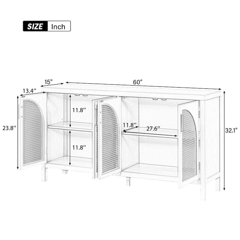 Boho Sideboard Cabinet 4 Arch Rattan Doors Adjustable Shelves Wood Legs Metal Handles