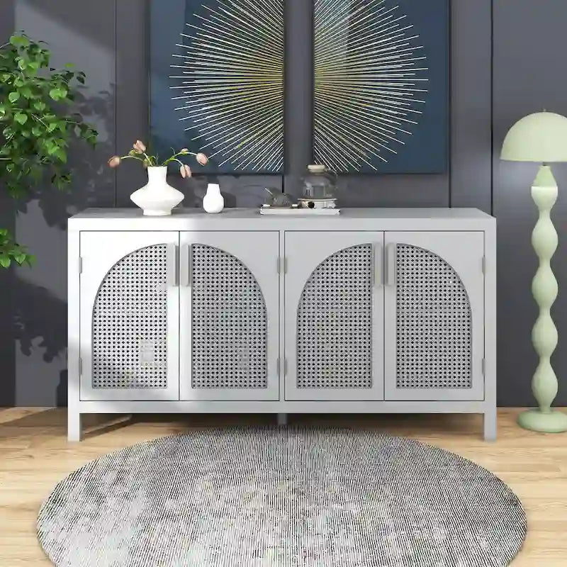 Boho Sideboard Cabinet 4 Arch Rattan Doors Adjustable Shelves Wood Legs Metal Handles