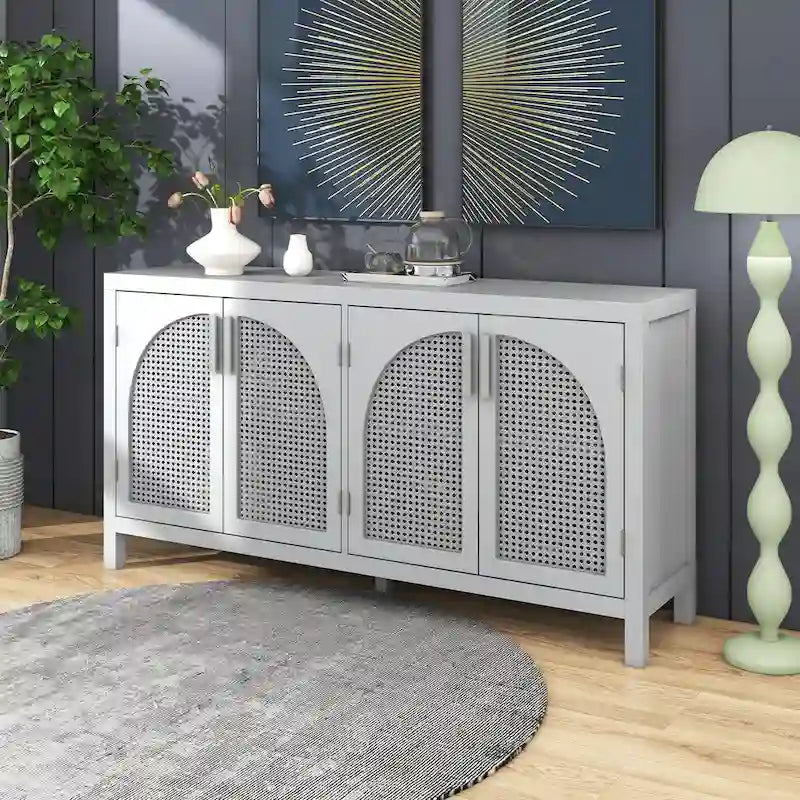 Boho Sideboard Cabinet 4 Arch Rattan Doors Adjustable Shelves Wood Legs Metal Handles