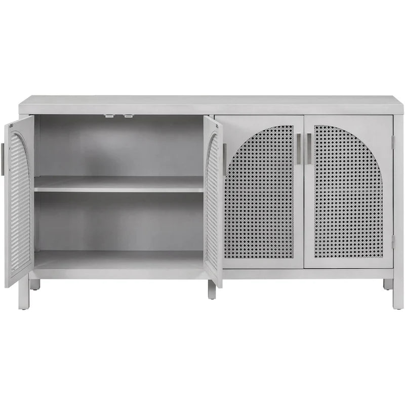 Boho Sideboard Cabinet 4 Arch Rattan Doors Adjustable Shelves Wood Legs Metal Handles