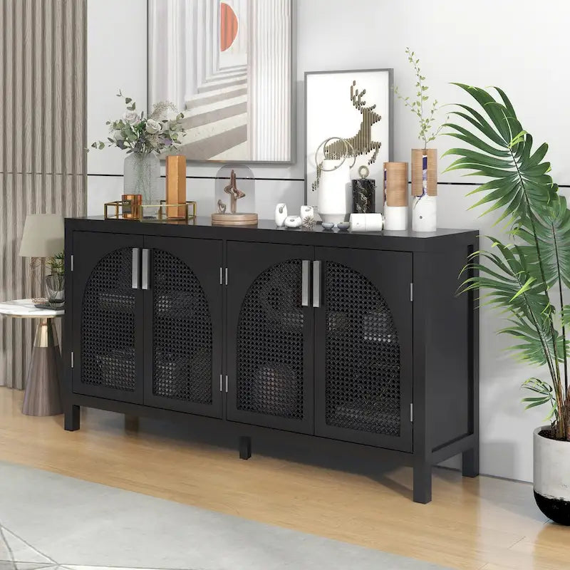 Boho Sideboard Cabinet 4 Arch Rattan Doors Adjustable Shelves Wood Legs Metal Handles