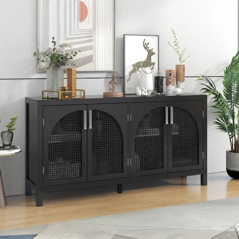 Boho Sideboard Cabinet 4 Arch Rattan Doors Adjustable Shelves Wood Legs Metal Handles