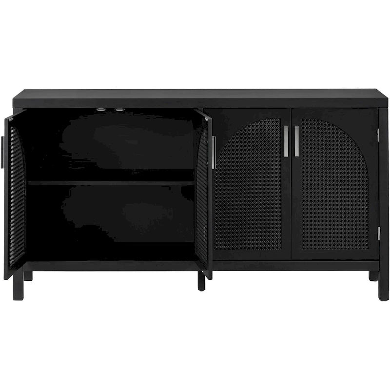 Boho Sideboard Cabinet 4 Arch Rattan Doors Adjustable Shelves Wood Legs Metal Handles