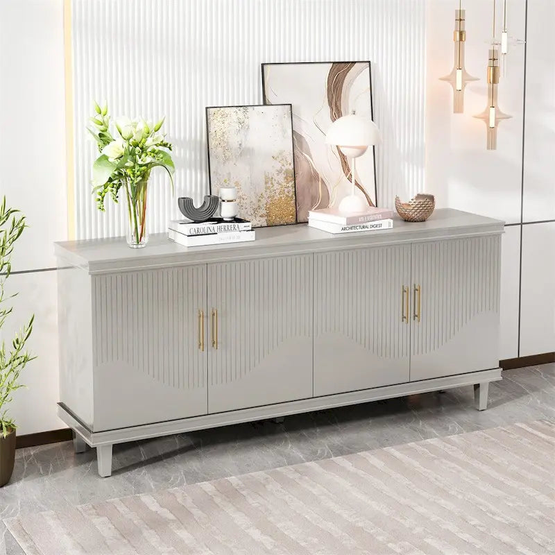 Wide Sideboard 4 Door Arched Fluted Panel Gold Handles Caster Wheels Adjustable Shelf MDF