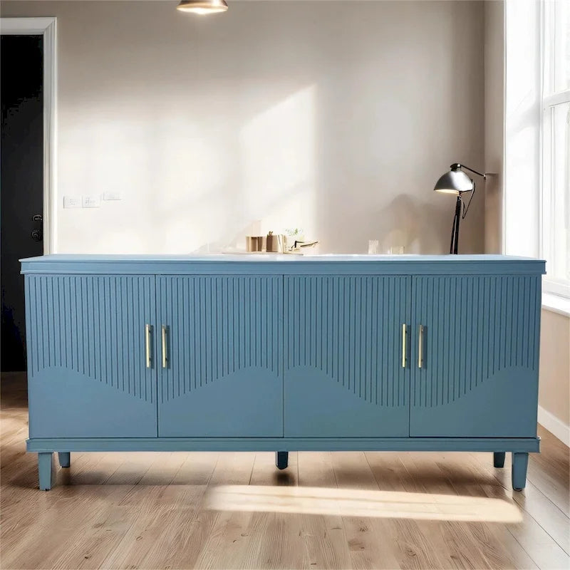 Wide Sideboard 4 Door Arched Fluted Panel Gold Handles Caster Wheels Adjustable Shelf MDF